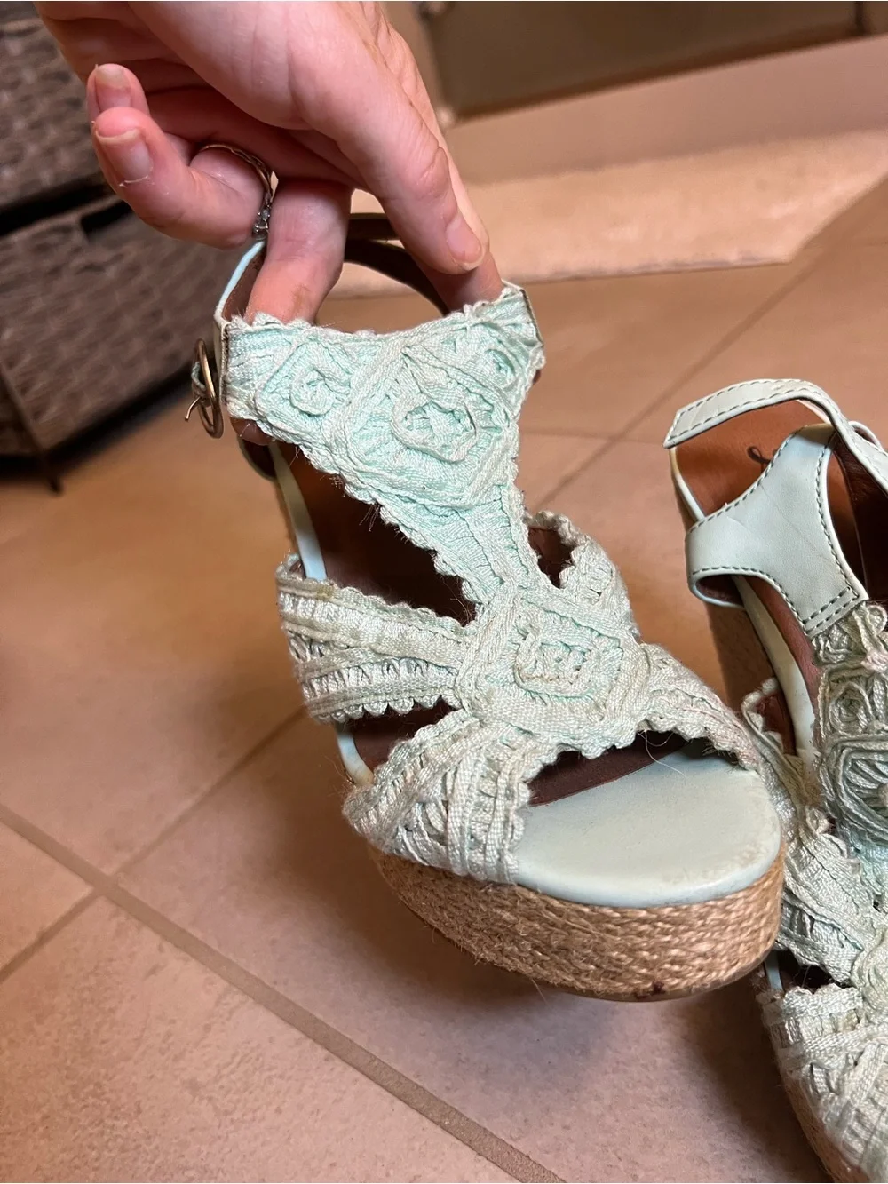 Lucky Brand Mint Crochet Espadrille Wedge Sandals